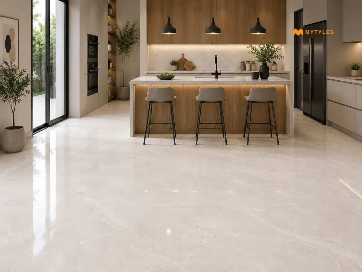Glossy Marble Tiles in Kitchen Floor